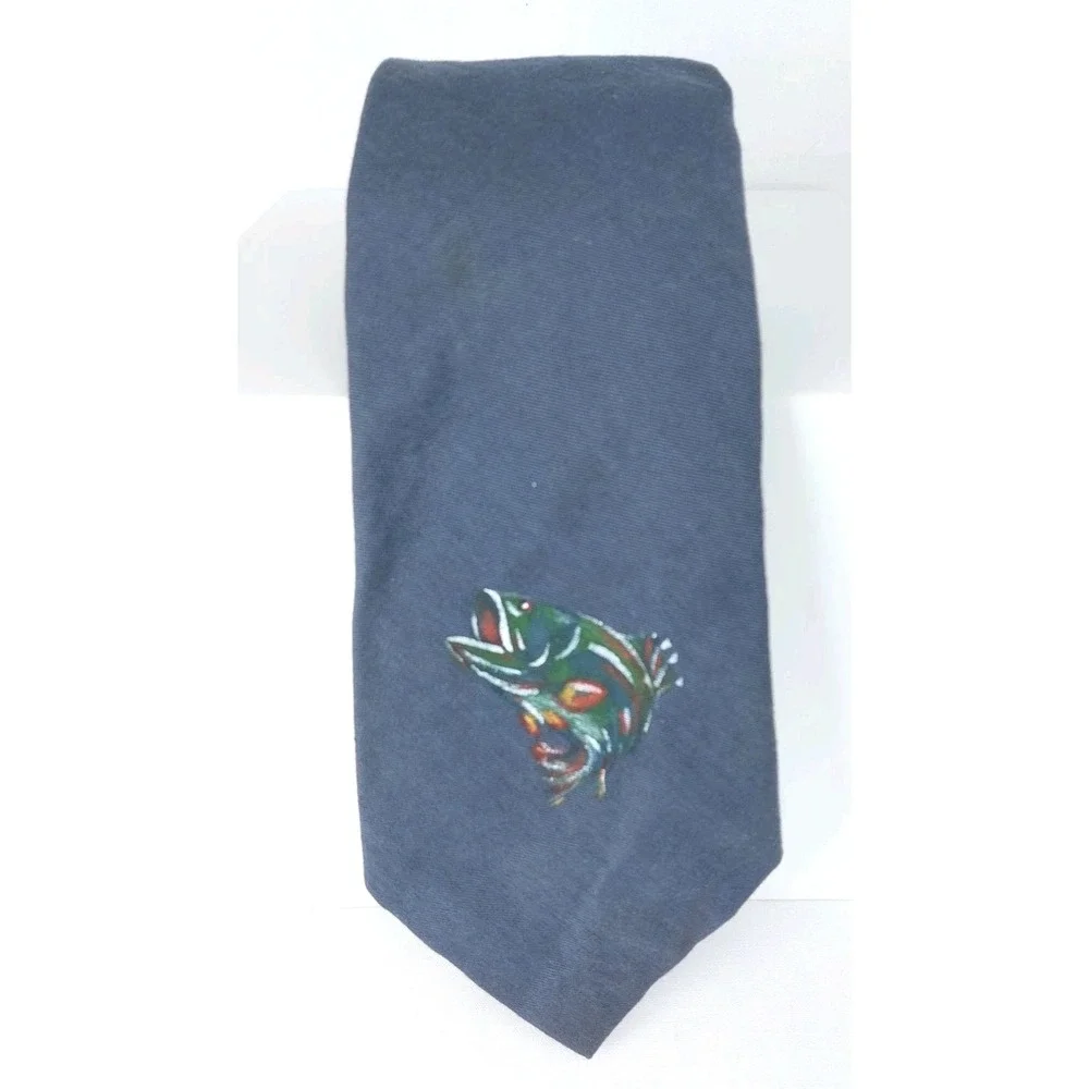 Polo Ralph Lauren‎ Mens Cotton Necktie Blue Hand Painted Bass Fish 3.5